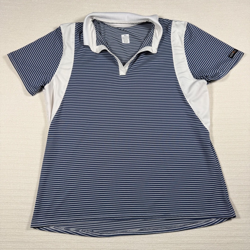 Kerrits Equestrian Riding Top Navy Blue White Striped Short Sleeve Polo XL